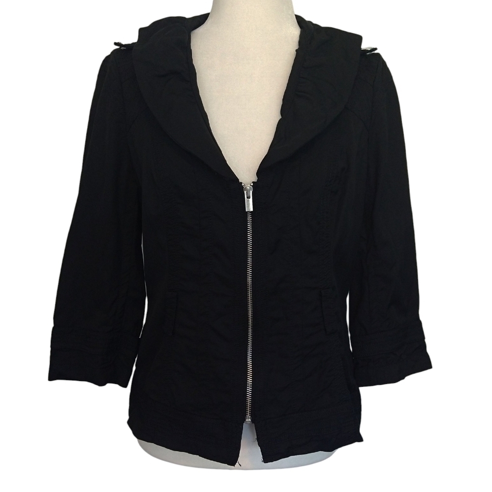 White House Black Market Black Ruffle Collar 3/4 Sleeve Zip Jacket Lightweight